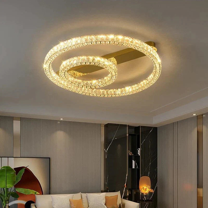 Luz de teto anelar LED de cristal dourado regulável de luxo