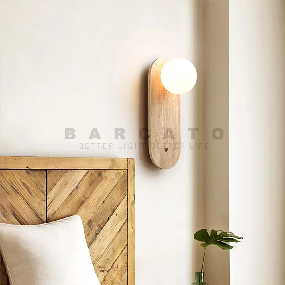 luminária de parede estilo travertino bege decoração com luz circular