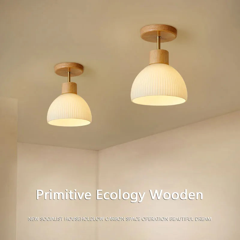 Luz de teto LED madeira vidro corredor vestiário varanda nórdica