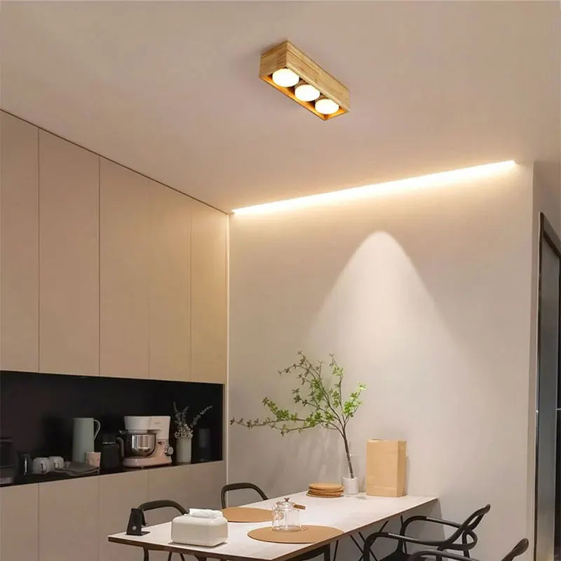 luz de teto minimalista madeira crua interior quarto escritório corredor vestiário