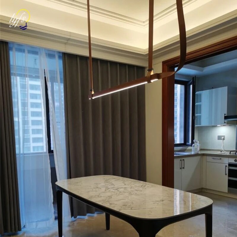 Luminária de couro moderna com suspensão central de led para decoração de casa de sala de jantar