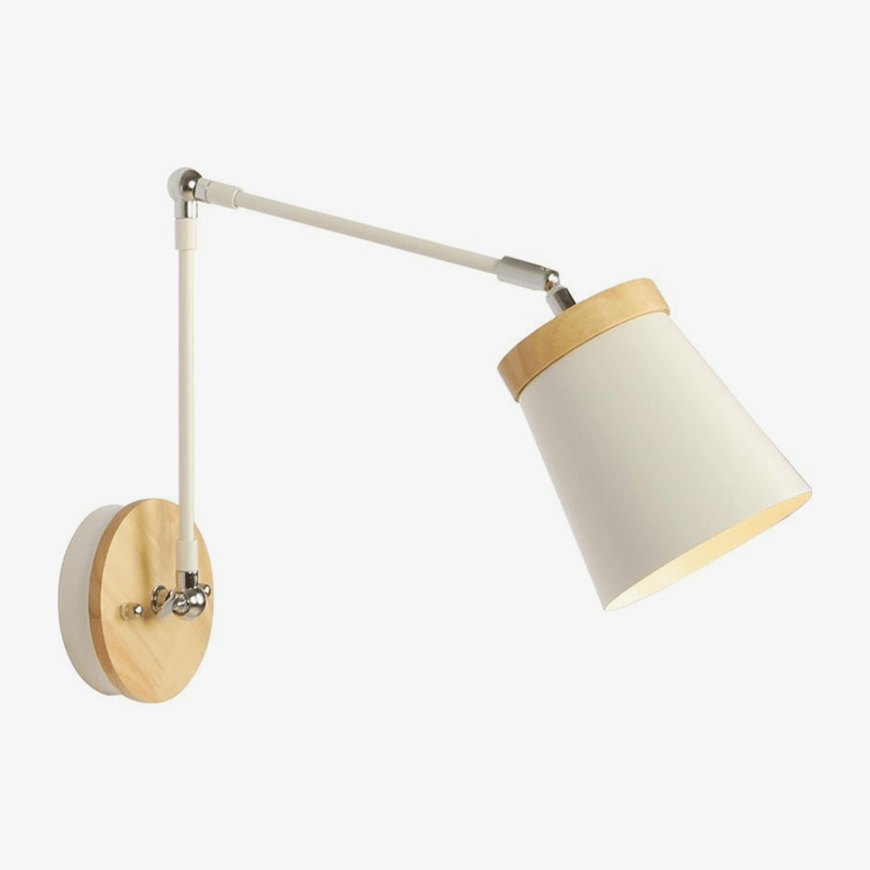 Aplique LED com braço articulado em metal e madeira