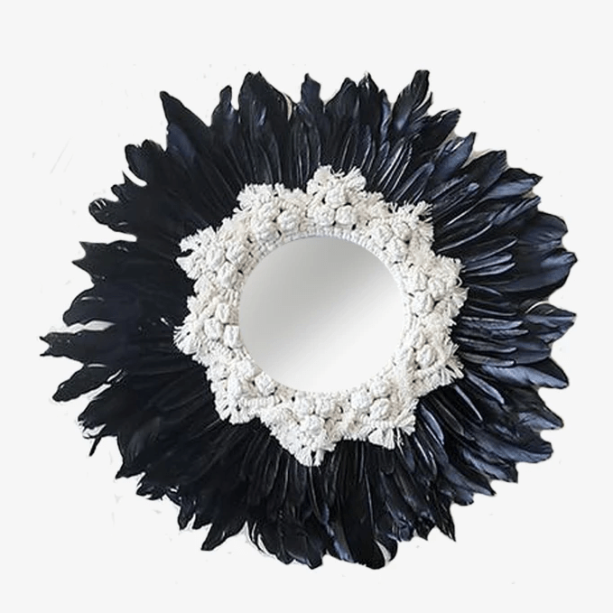 Espelho de parede decorativo redondo de penas preto e branco moderno