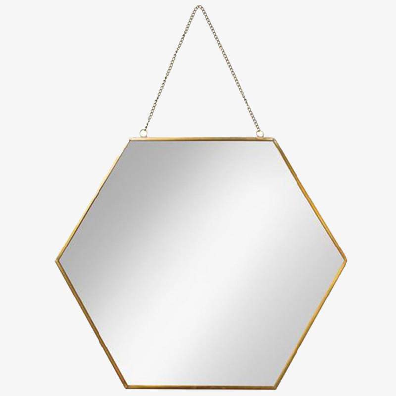 Espelho de parede decorativo hexagonal com acabamento em madeira geométrica