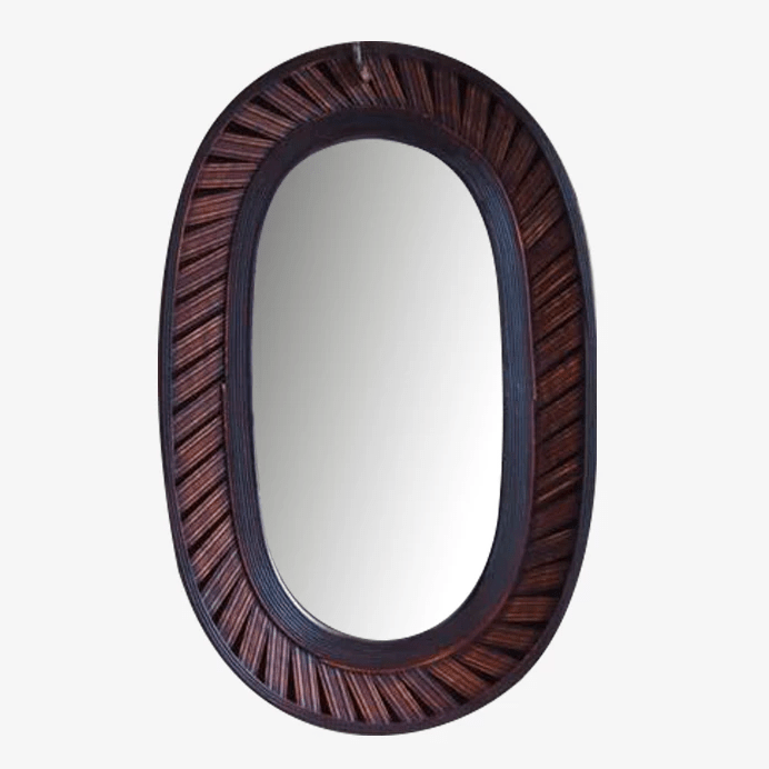 Espelho decorativo de parede oval longo em bambu marrom escuro