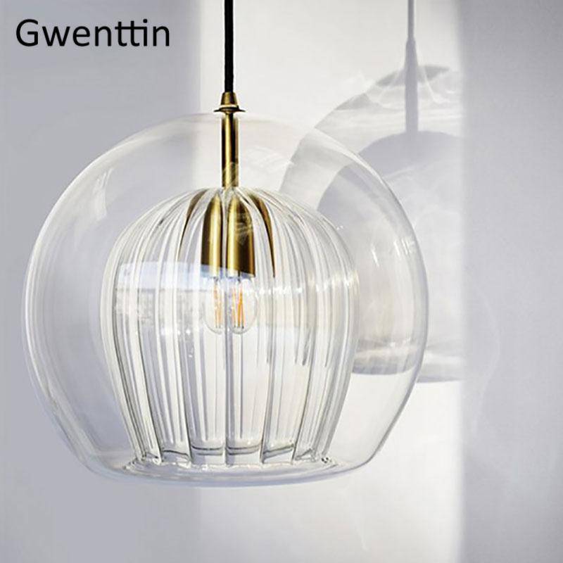 Pendente LED bola de vidro com haste dourada Moderna
