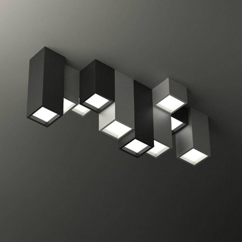 Plafon LED de desenho geométrico com tubos retangulares pretos e brancos