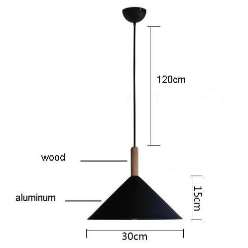 Cone de luz pendente design em alumínio e suporte de madeira