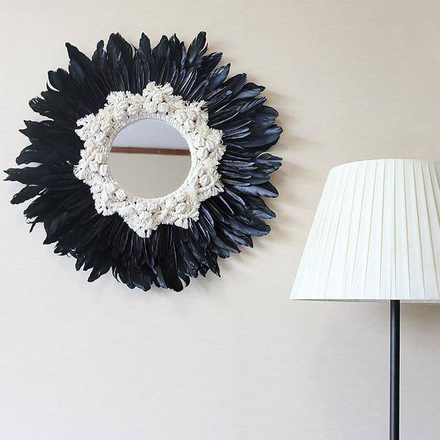 Espelho de parede decorativo redondo de penas preto e branco moderno