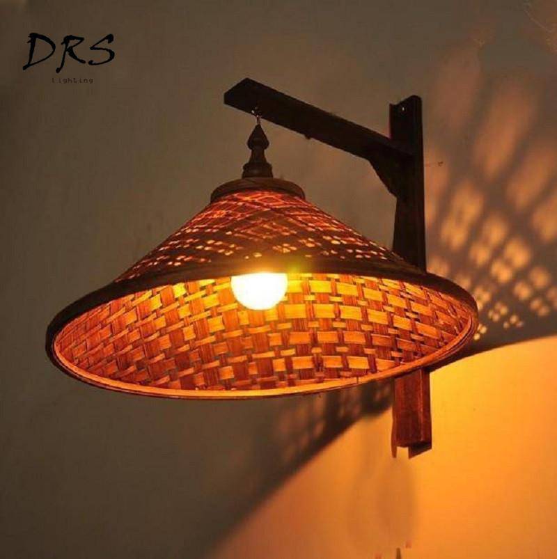 Luminária de parede com abajur cônico suspenso de bambu chinês