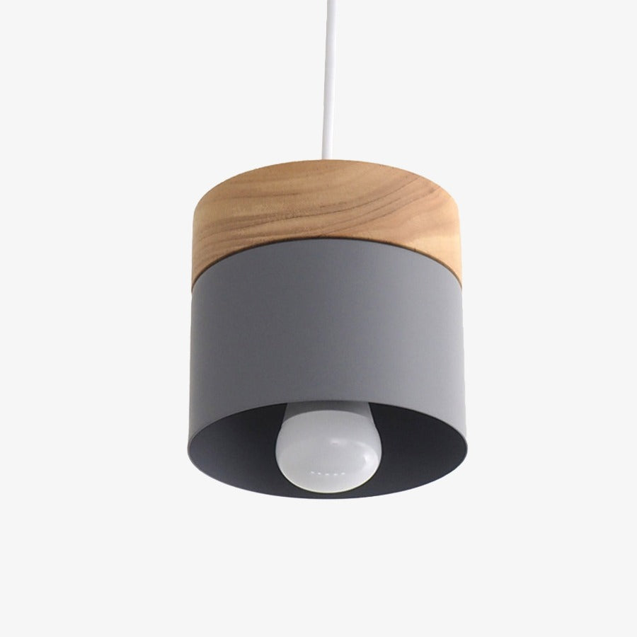 Luminária pendente LED cilíndrica moderna em metal e madeira